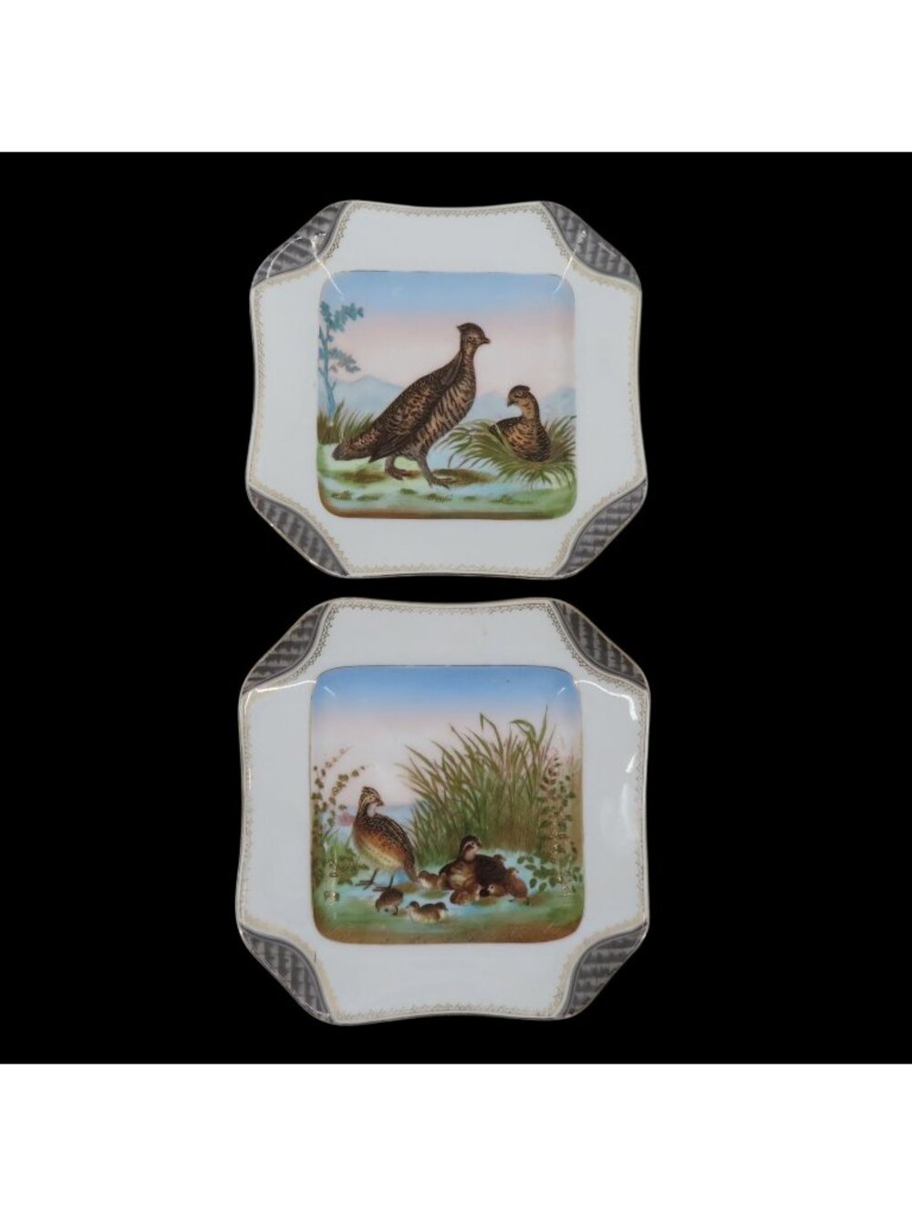 VTG Mark Gutherz Carlsbad Pair of 2 Bird Gilt Gold Accent Square Plates Ceramic